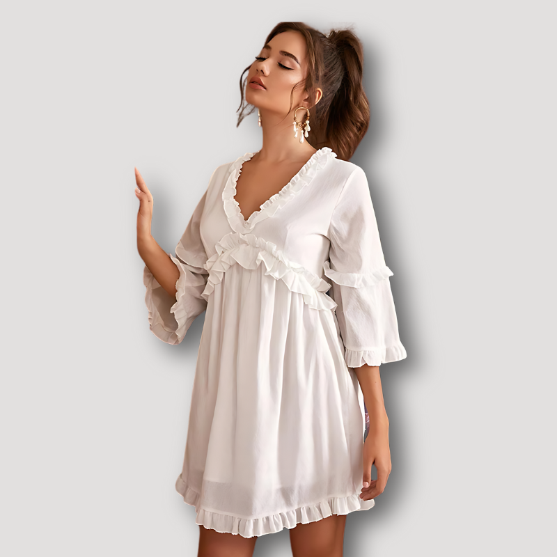 Half Sleeve Pleated Ruffled V-Neck White Mini Dress