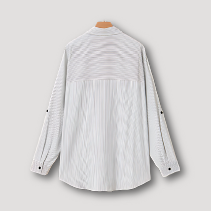 Striped Rolled Tab Sleeve Women's White Button Up Blouse