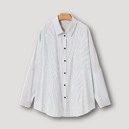 Striped Rolled Tab Sleeve Women's White Button Up Blouse