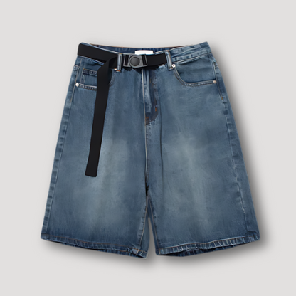 Casual Washed Adjustable Belt Baggy Denim Shorts