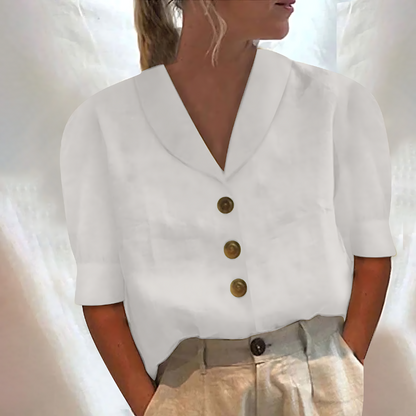 Lapel Button Up Blouse Linen Shirt Puff Sleeve Top