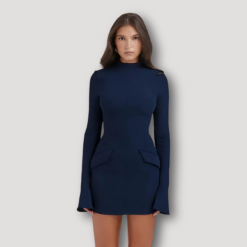 Slim Fitted Long Flared Sleeve Mock Collar Mini Dress Australia