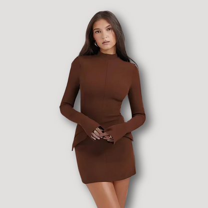 Slim Fitted Long Flared Sleeve Mock Collar Mini Dress Australia