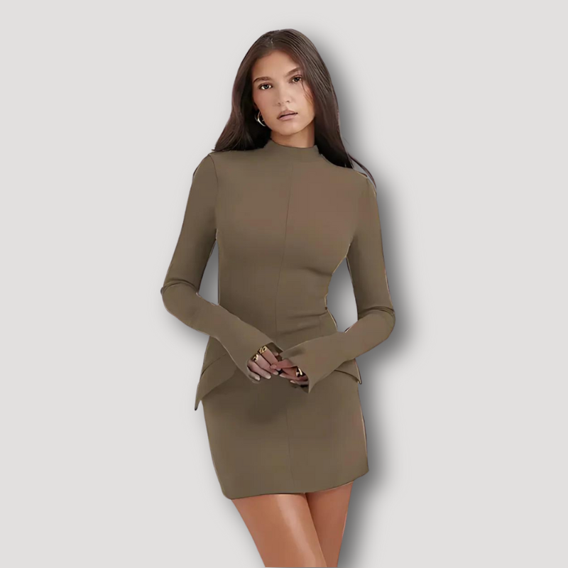 Slim Fitted Long Flared Sleeve Mock Collar Mini Dress Australia