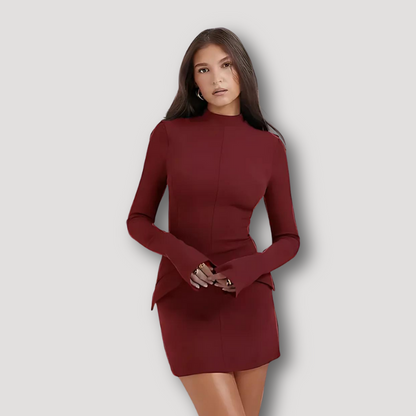 Slim Fitted Long Flared Sleeve Mock Collar Mini Dress Australia