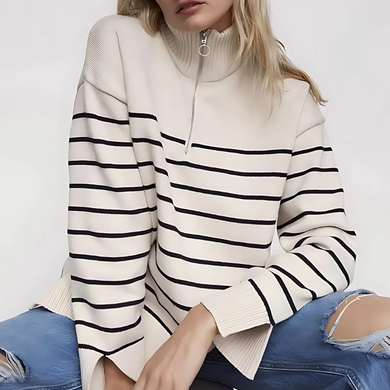 Striped Knit Quarter Zip Sweater Women