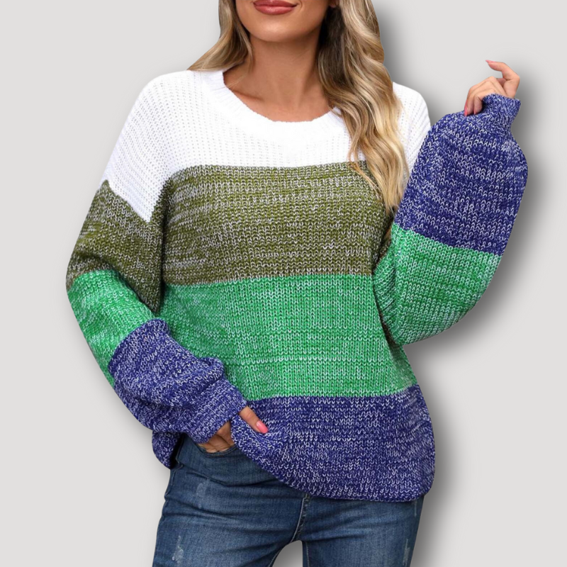 Colorful Color Blocked Drop Shoulder Women's Ribbed Knit Sweater