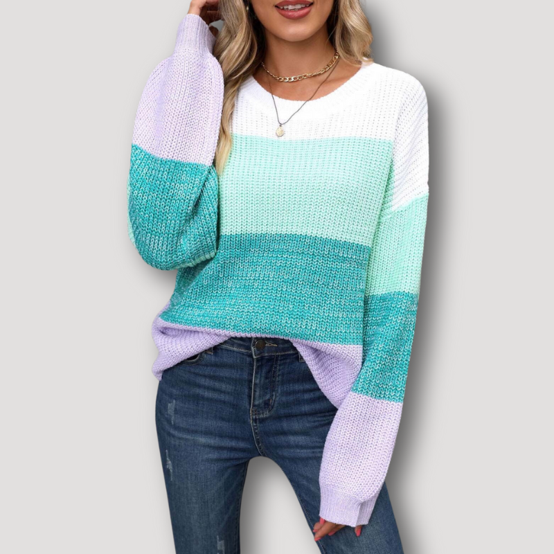 Colorful Color Blocked Drop Shoulder Women's Ribbed Knit Sweater