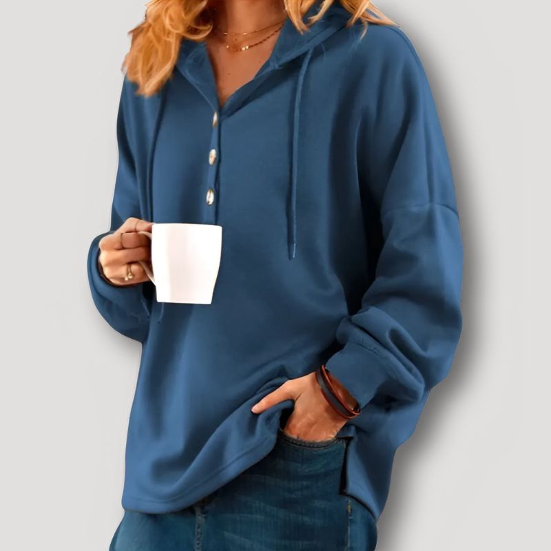 Buttoned Up Drop Shoulder Warmest Hooded Sweatshirt for Women