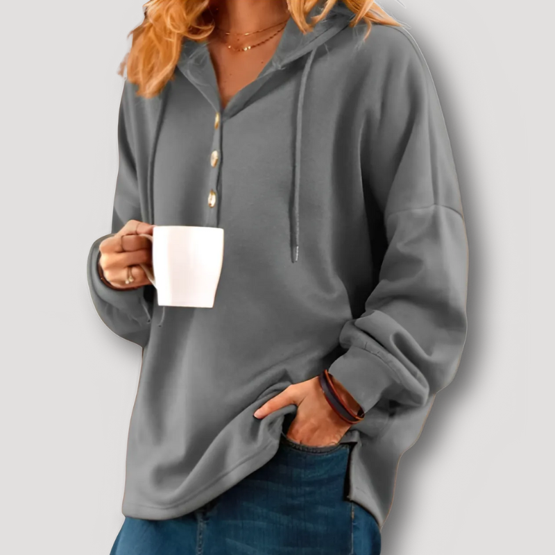 Buttoned Up Drop Shoulder Warmest Hooded Sweatshirt for Women