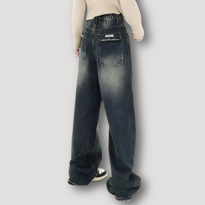 Vintage Distressed Pocket Faded Denim Wide Leg Jeans Women