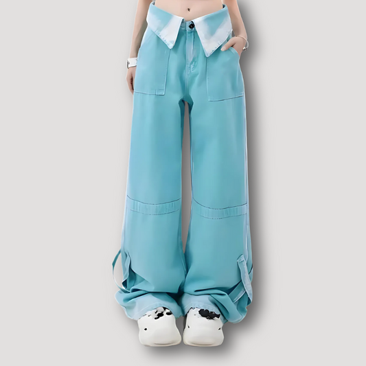 Folded Waist Colored Wide Leg Baggy Jeans on Women