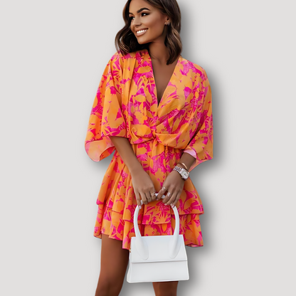 Vibrant Flowy Draped Sleeve Summer Mini Wrap Dress