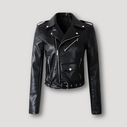 Belted Waist Faux Leather Womens Motorcycle Jacket