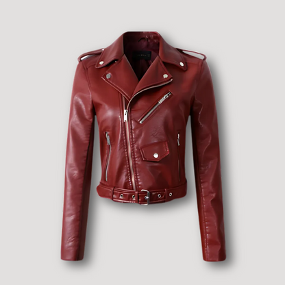 Belted Waist Faux Leather Womens Motorcycle Jacket