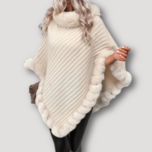 Chunky Ribbed Knit Fur Trim Boho Beige Winter Poncho for Women