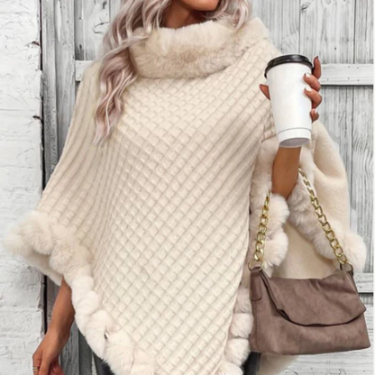 Chunky Ribbed Knit Fur Trim Boho Beige Winter Poncho for Women