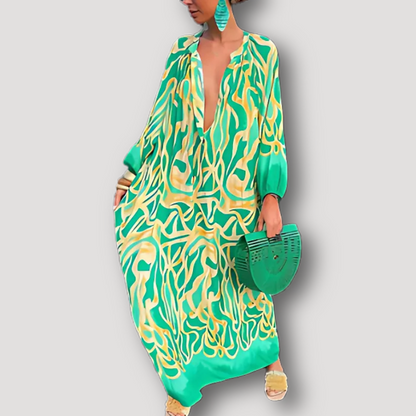 Abstract Printed Boho Style Maxi Kaftan Dress