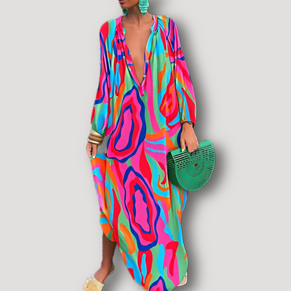 Abstract Printed Boho Style Maxi Kaftan Dress