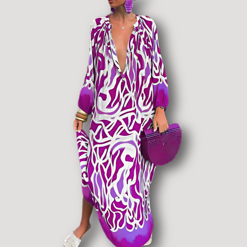 Abstract Printed Boho Style Maxi Kaftan Dress