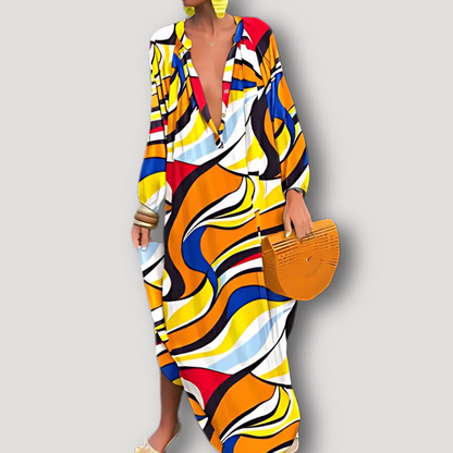 Abstract Printed Boho Style Maxi Kaftan Dress