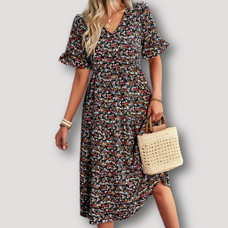 Ruffled Floral Midi Dress with Sleeves