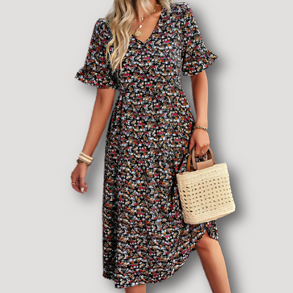 Ruffled Floral Midi Dress with Sleeves