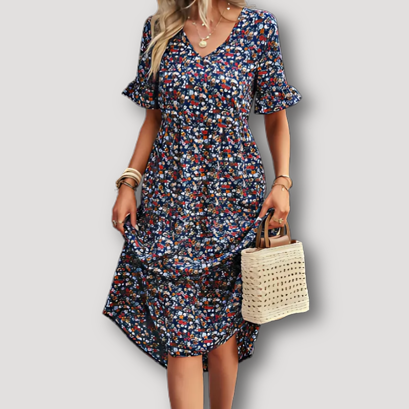 Ruffled Floral Midi Dress with Sleeves