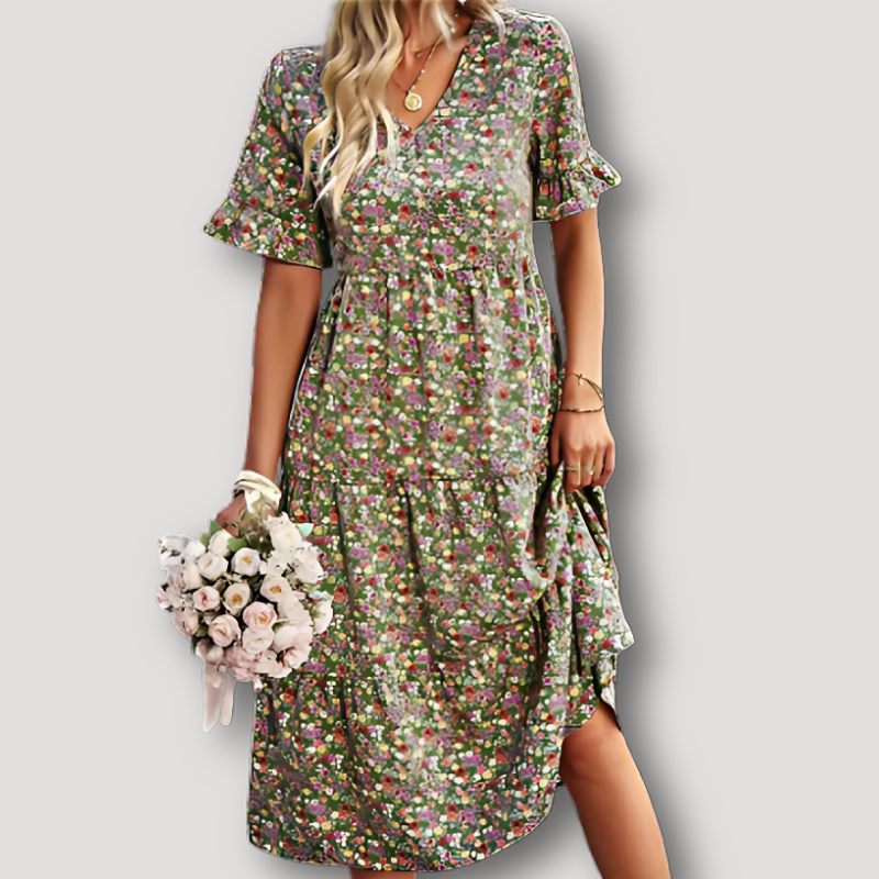 Ruffled Floral Midi Dress with Sleeves