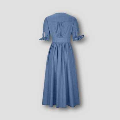 Button Down Front Slit Chambray Blue Dress Maxi