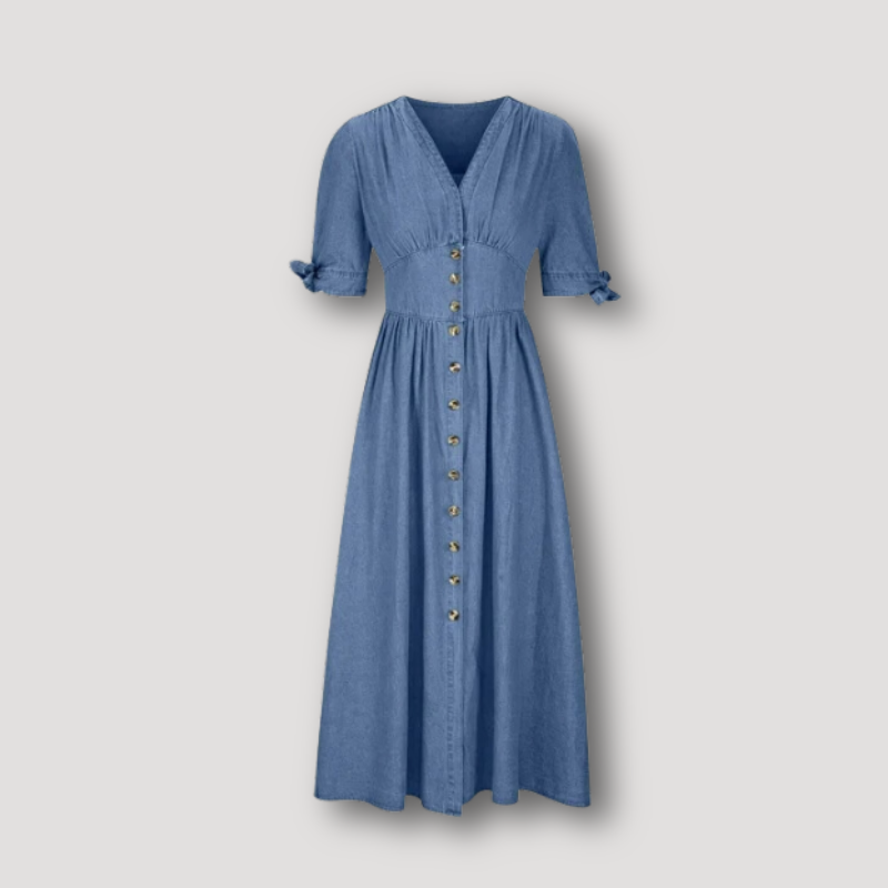 Button Down Front Slit Chambray Blue Dress Maxi