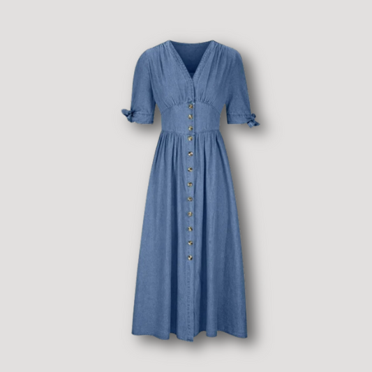 Button Down Front Slit Chambray Blue Dress Maxi