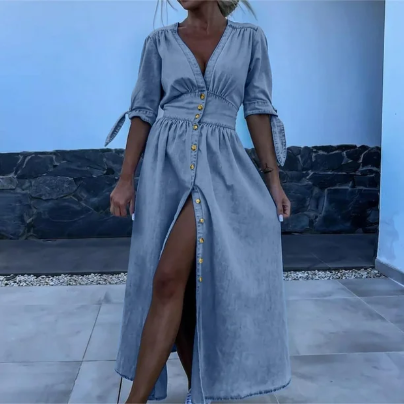 Button Down Front Slit Chambray Blue Dress Maxi