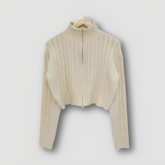 Zip Up Chunky Cable Knit Cropped Cardigan Sweater for Women