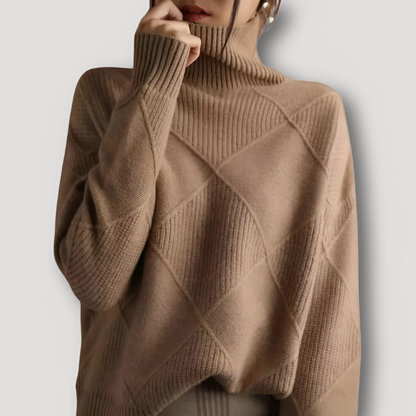 Ribbed Diamond Pattern Turtleneck Sweater for Women Knitted