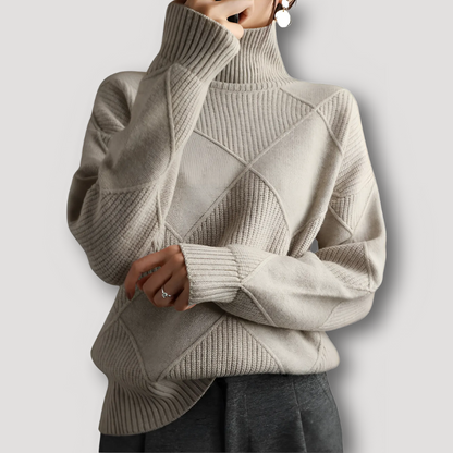 Ribbed Diamond Pattern Turtleneck Sweater for Women Knitted