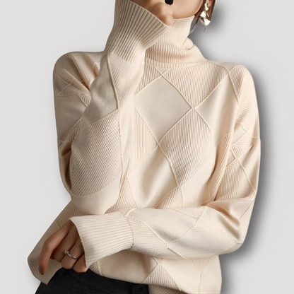 Ribbed Diamond Pattern Turtleneck Sweater for Women Knitted