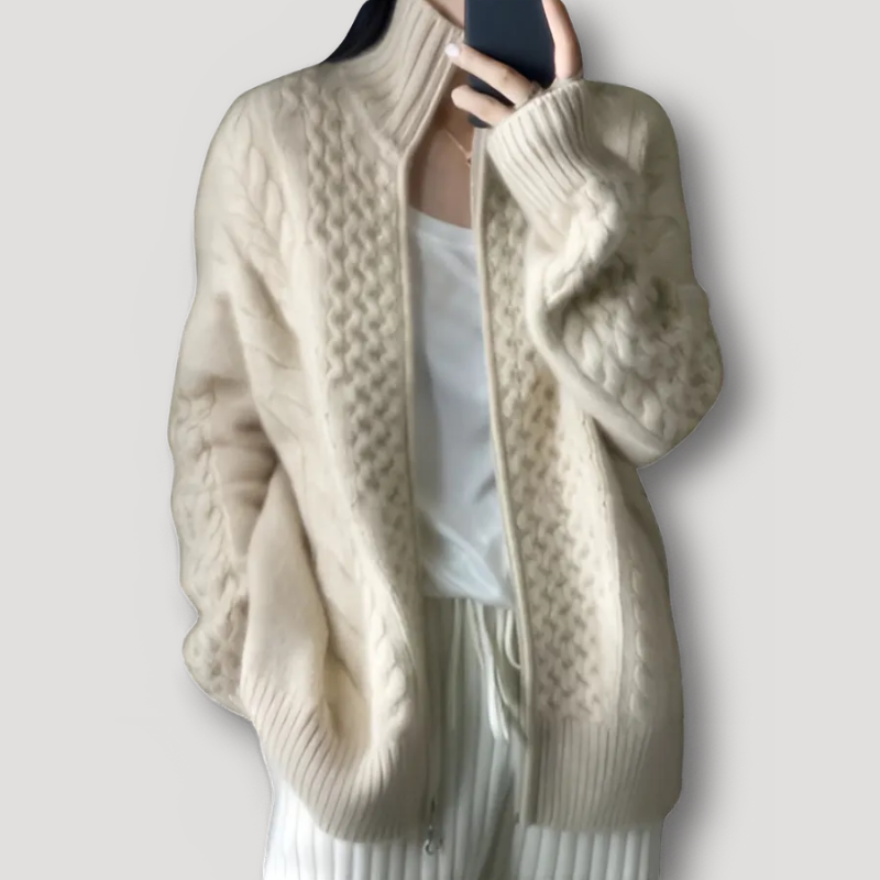 Beige Zip Up Chunky Cable Knitted Sweater Cardigan Women