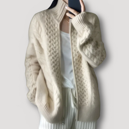 Beige Zip Up Chunky Cable Knitted Sweater Cardigan Women