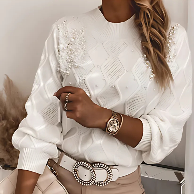 Pearl Embellished White Cable Knitted Sweater for Women