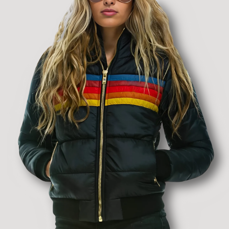 Retro Rainbow Striped Puffer Hooded Jacket for Women in Winter