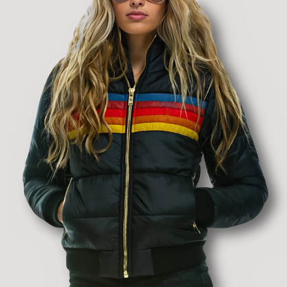 Retro Rainbow Striped Puffer Hooded Jacket for Women in Winter