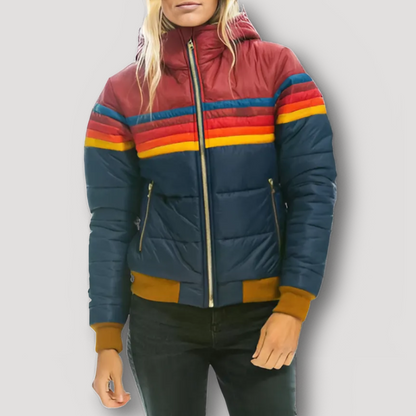 Retro Rainbow Striped Puffer Hooded Jacket for Women in Winter