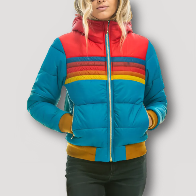 Retro Rainbow Striped Puffer Hooded Jacket for Women in Winter