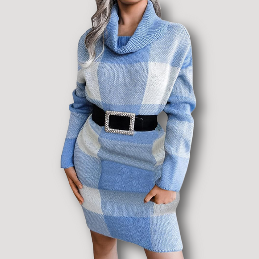 Black Belted Waist Turtleneck Plaid Sweater Dress Long Sleeve Dress