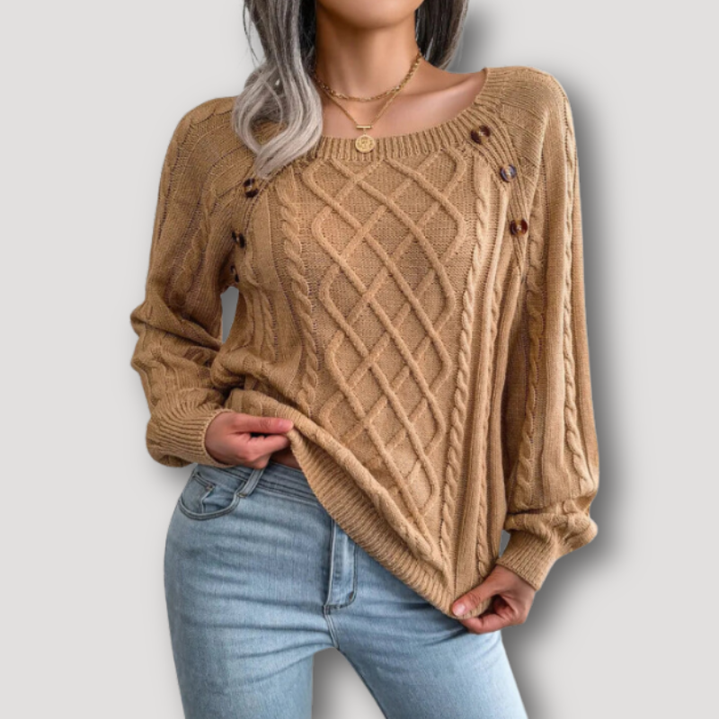 Oval Neck with Button Embellishments Women Knit Sweater