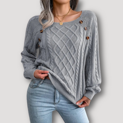 Oval Neck with Button Embellishments Women Knit Sweater