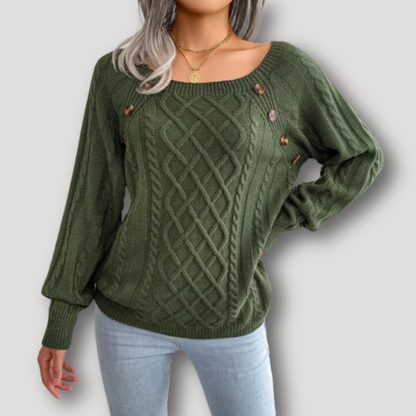 Oval Neck with Button Embellishments Women Knit Sweater