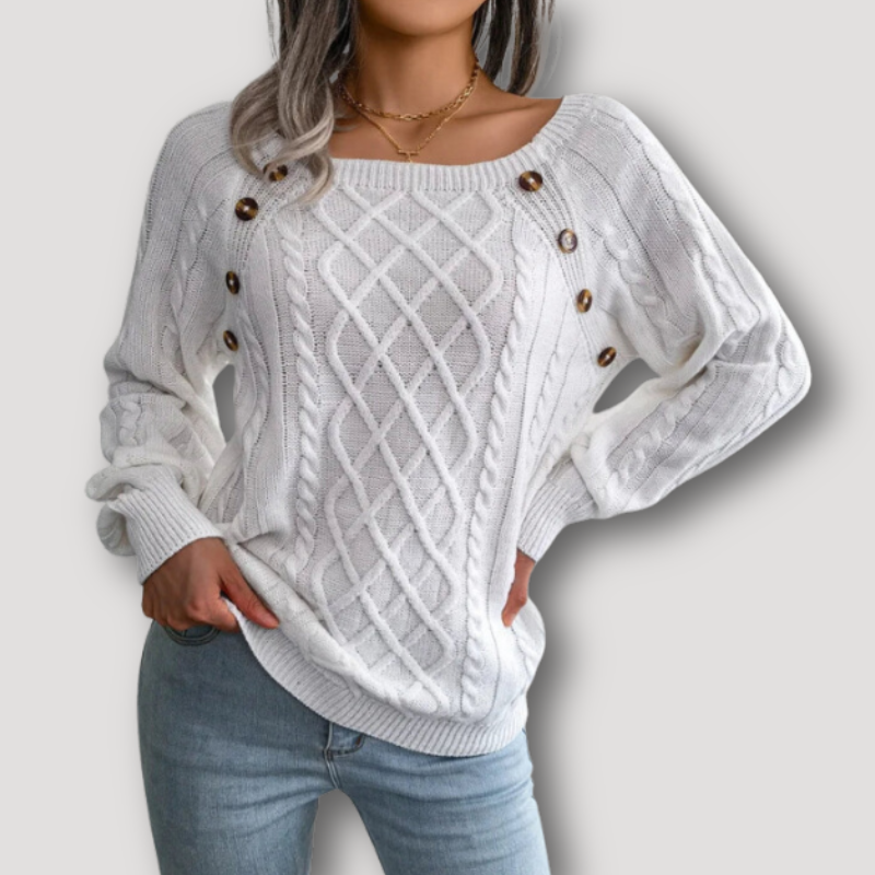 Oval Neck with Button Embellishments Women Knit Sweater