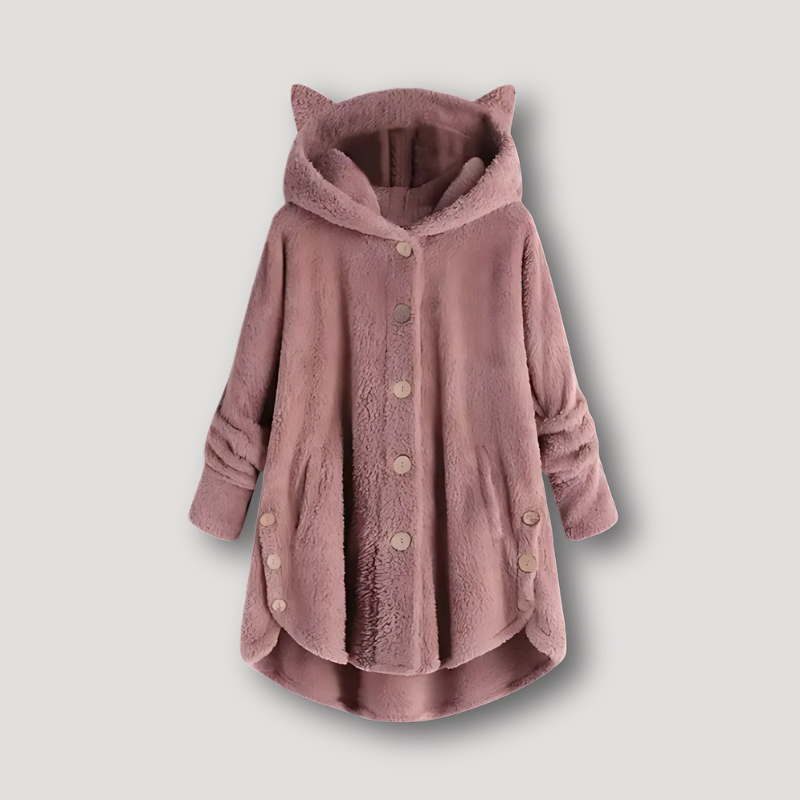 Stylish Cat Ear Hood Button Up Sherpa Hoodie for Women